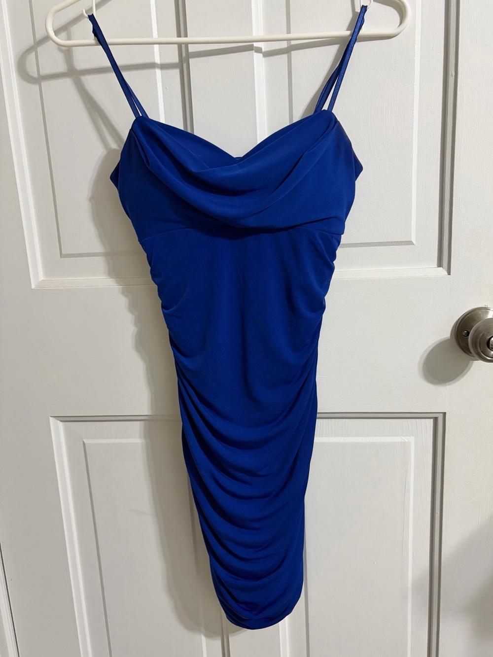 Blue Cowl Neck Ruched Spaghetti Strap Dress /